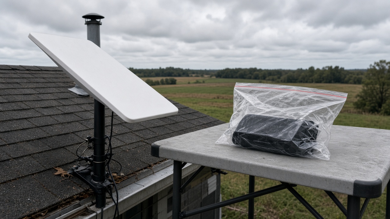 A Starlink dish on a rural rooftop beside a police evidence bag on a folding table, overcast afternoon, no logos or readable text