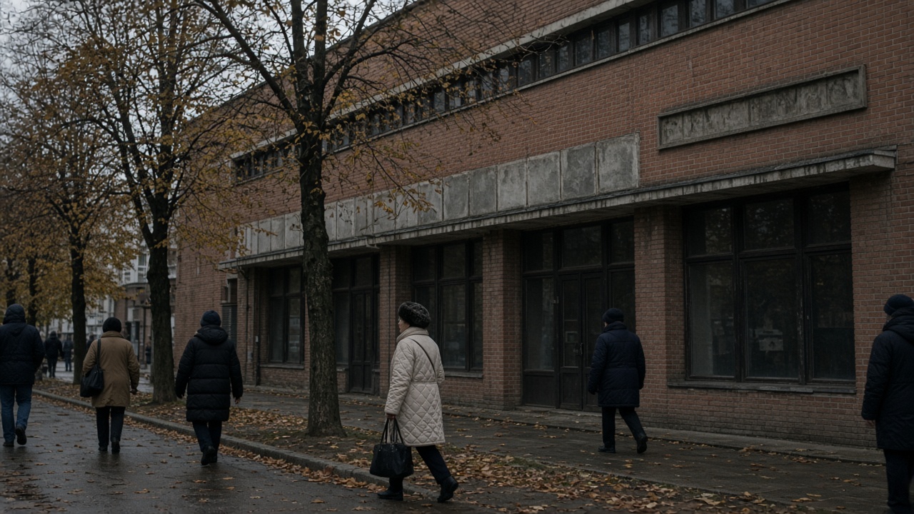 Pedestrians pass the brick facade of a Soviet-era anti-plague research building in Irkutsk on an overcast autumn morning, with Cyrillic signage and bare trees along the sidewalk.