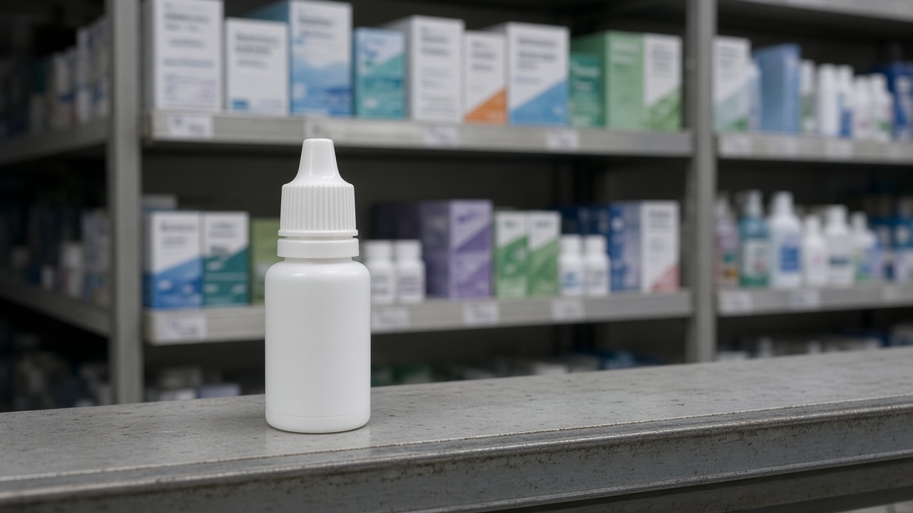 Over-the-counter eye drop cartons and small plastic bottles on a pharmacy shelf out of focus in the background, single bottle in foreground under cool store lighting, no logos or readable text