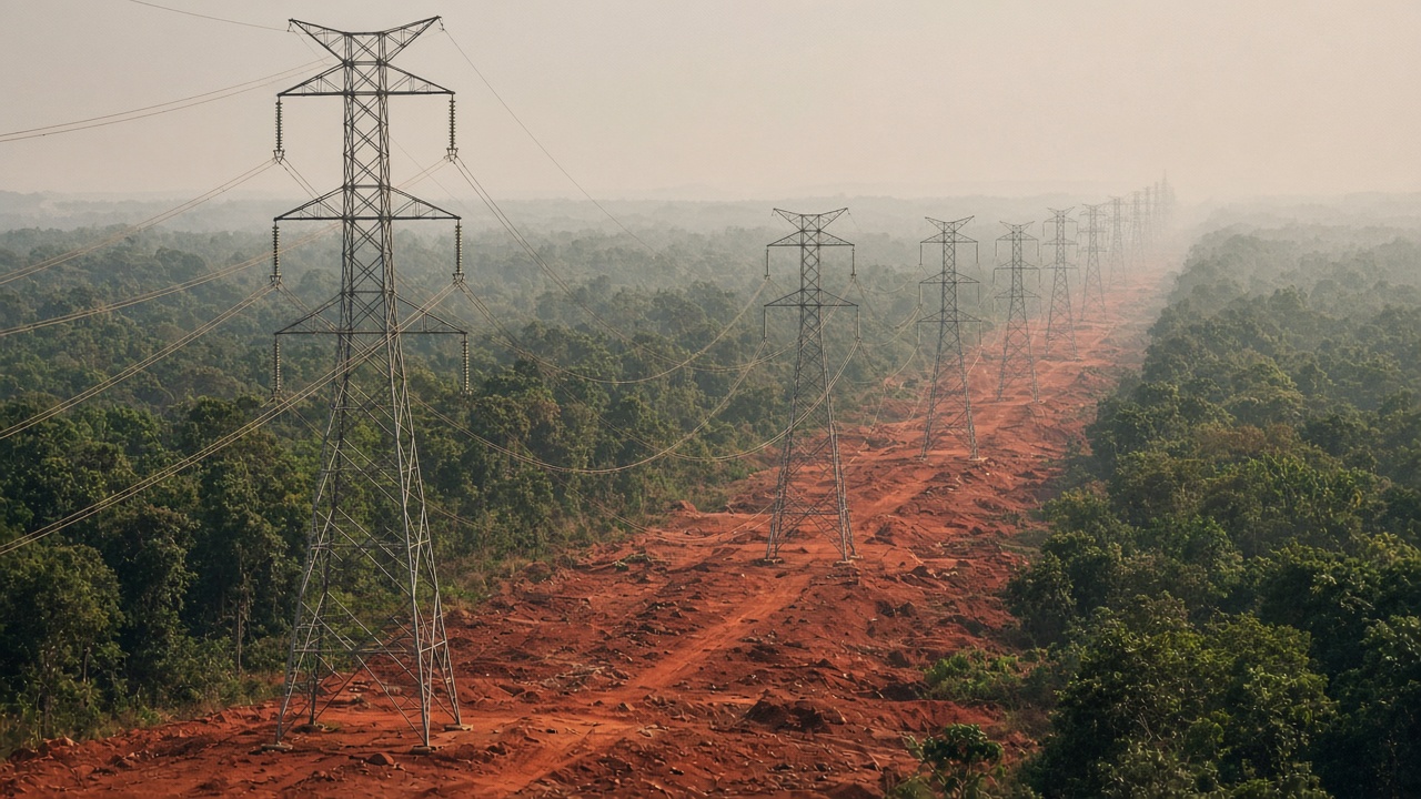 High-voltage transmission towers marching across red laterite soil with forest fringe, hazy afternoon light, documentary telephoto, no logos or readable text