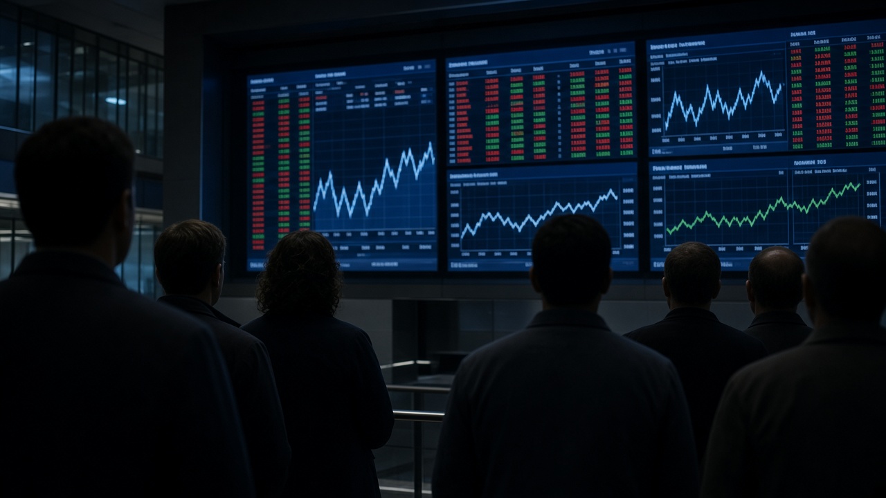 Stock quotation monitors in a brokerage gallery showing red and green numbers, viewers silhouetted from behind, cool indoor lighting, no logos or readable text