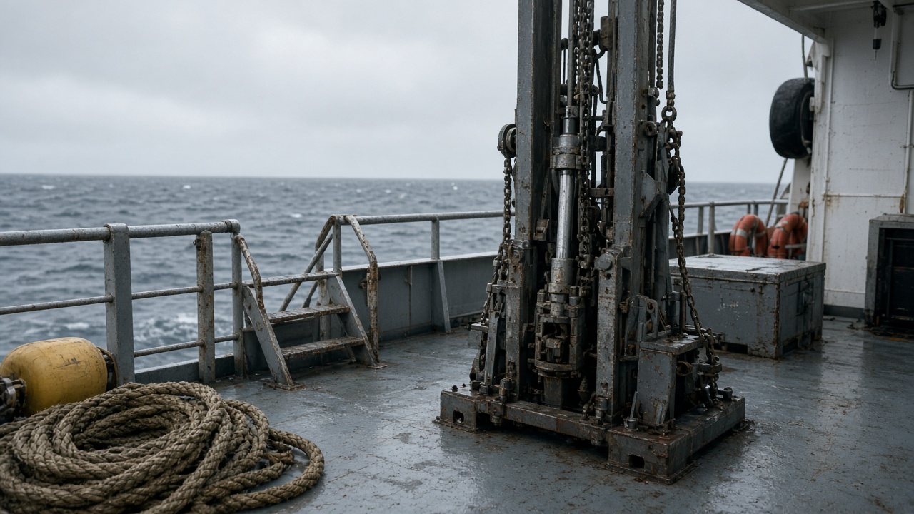 Research vessel deck with a sediment coring rig and coiled rope under overcast sea light, no logos or readable text