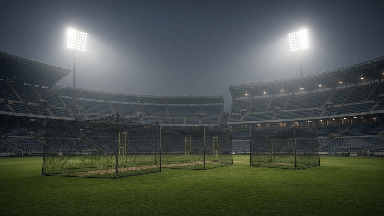 Cricket stadium empty stands under floodlights with practice nets in foreground, evening haze, documentary wide shot, no logos or readable text