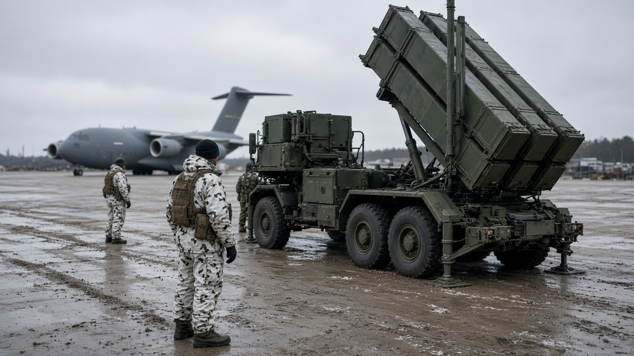 Swedish soldiers in winter camouflage stand beside a Patriot launcher on a muddy Polish airfield apron as overcast daylight falls on parked military transport aircraft near Rzeszów.
