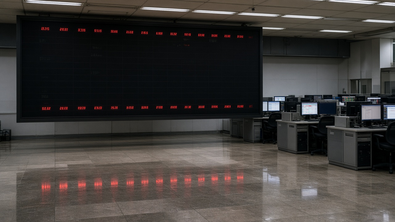Empty Taiwan stock exchange electronic quotation board with red numbers reflected on polished floor tiles, morning fluorescent light, brokers desks with monitors turned on but no visible faces, no logos or readable text