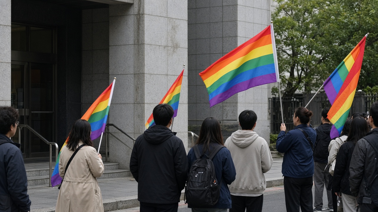 Protesters hold rainbow flags outside a Taipei police station on Sunday after a gay bar operation in Wanhua district.