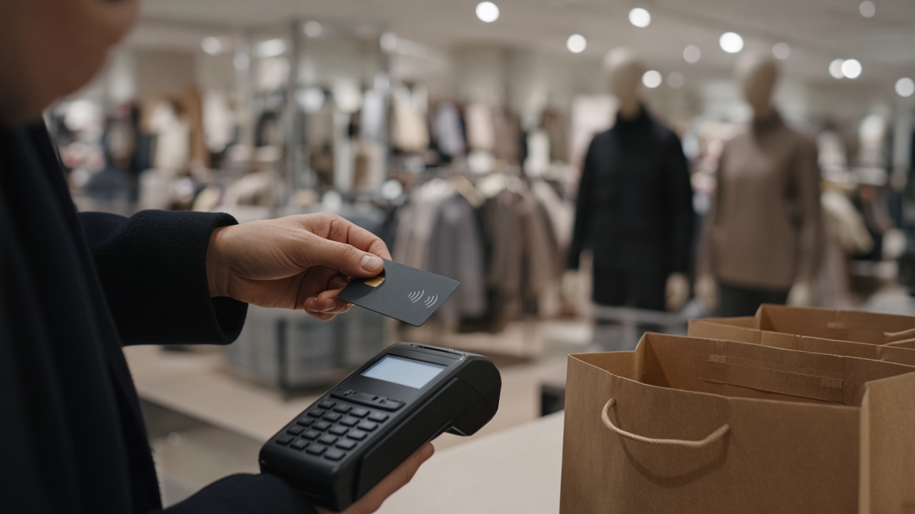 A shopper holding a contactless credit card over a payment terminal beside paper shopping bags in a brightly lit department store aisle, blurred mannequins in background, no logos or readable text.