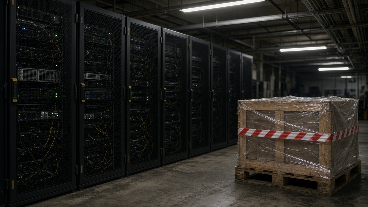 Stacked server racks inside a dimly lit colocation hall at a northern Taiwan port district, with customs inspection tape visible on one pallet