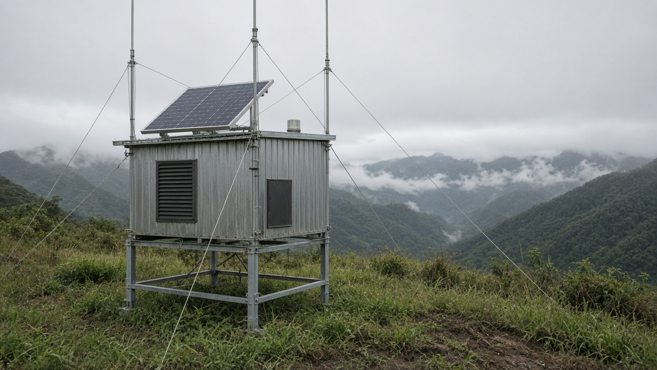 Solar-powered seismic monitoring station on a grassy hillside in central Taiwan with metal equipment shed and guy wires, misty mountains behind, no readable labels
