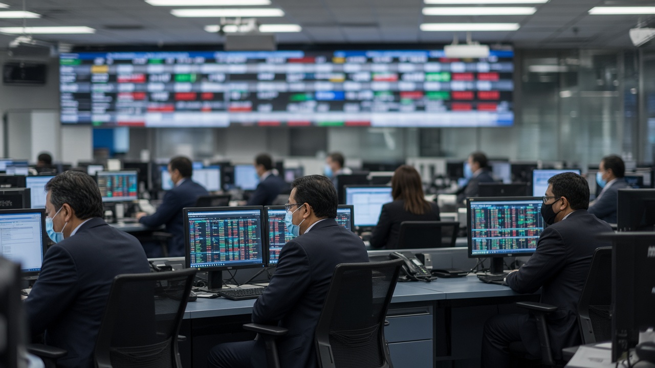 Stock exchange operations room with rows of broker workstations facing a large electronic price board, cool fluorescent lighting, traders in masks at desks, shallow depth of field, no readable ticker text or logos