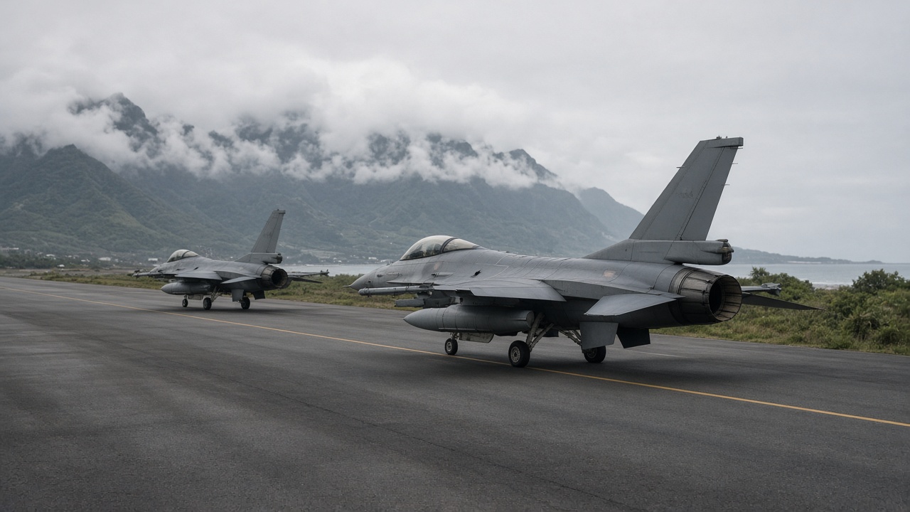Two gray F-16 fighters taxi on a coastal air base runway in Taitung with mountains and low clouds behind them