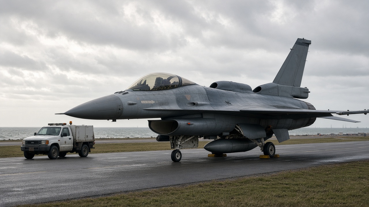 A gray F-16V fighter with conformal fuel tanks taxis on a coastal air base runway under overcast skies, with ground crew and a follow-me truck alongside.