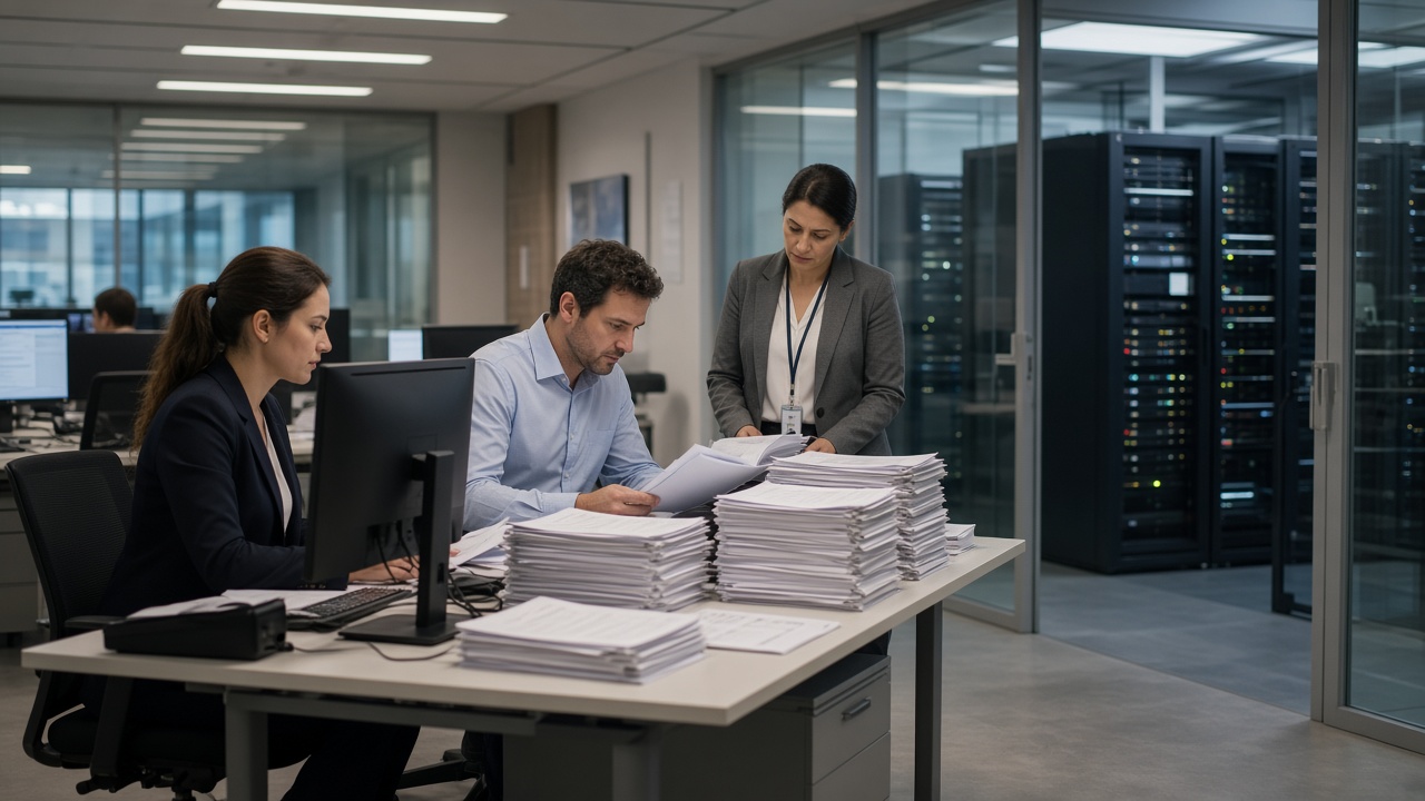 Financial compliance office with staff reviewing paper stacks beside computer monitors, muted office lighting, glass partition to a server room corridor, no readable documents or logos