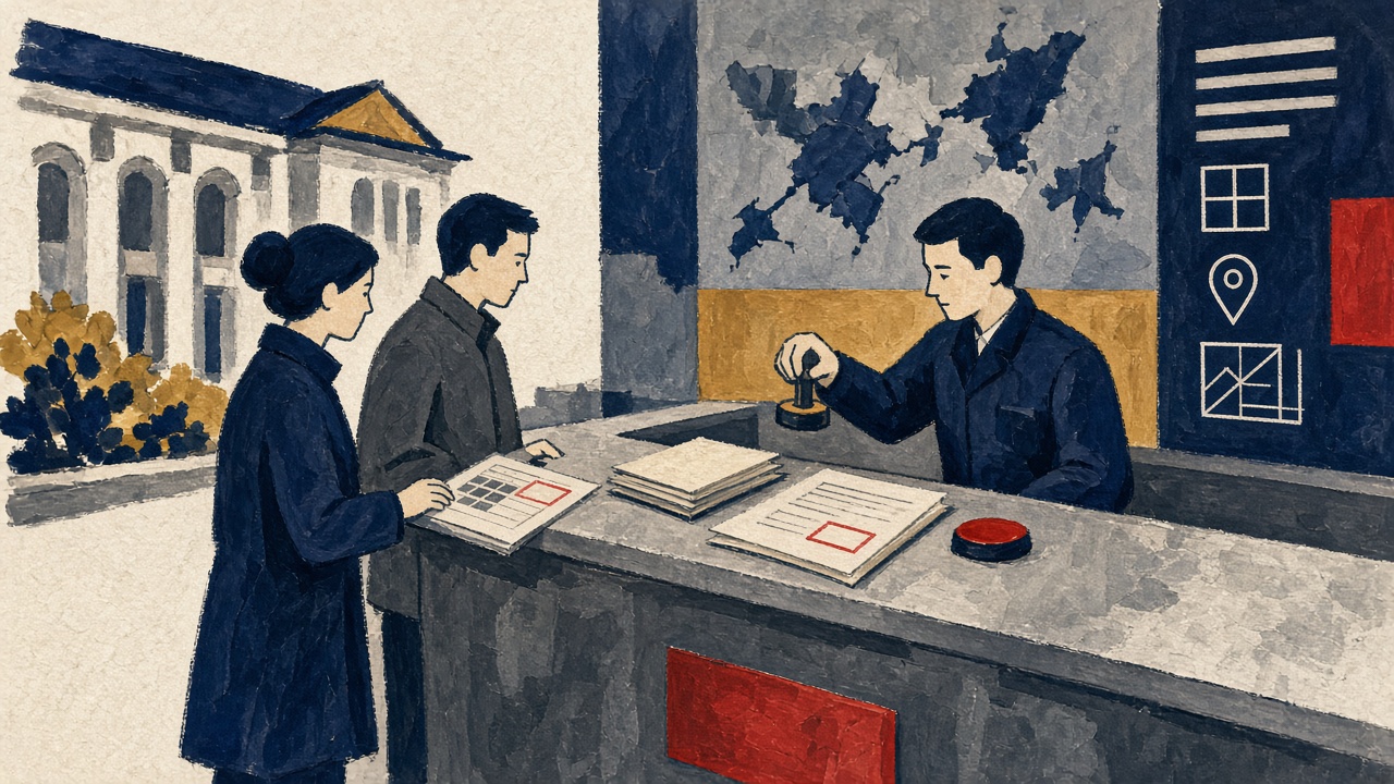 A couple at a land registration counter signing separate declaration forms while a clerk stamps documents
