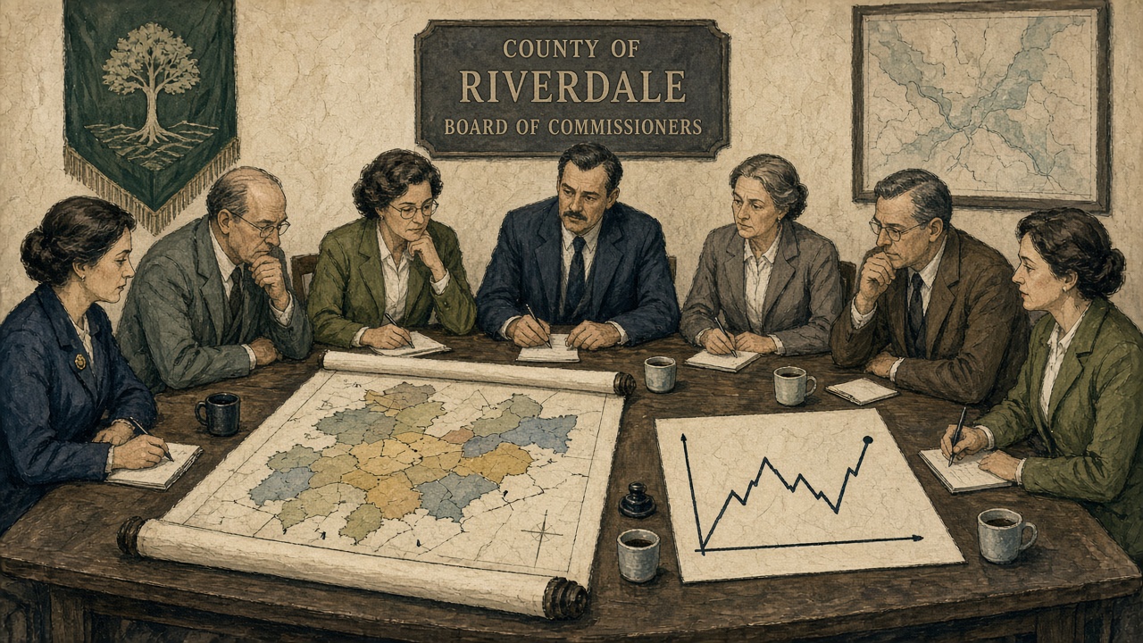 Local officials around a conference table with cadastral maps and a chart of land prices