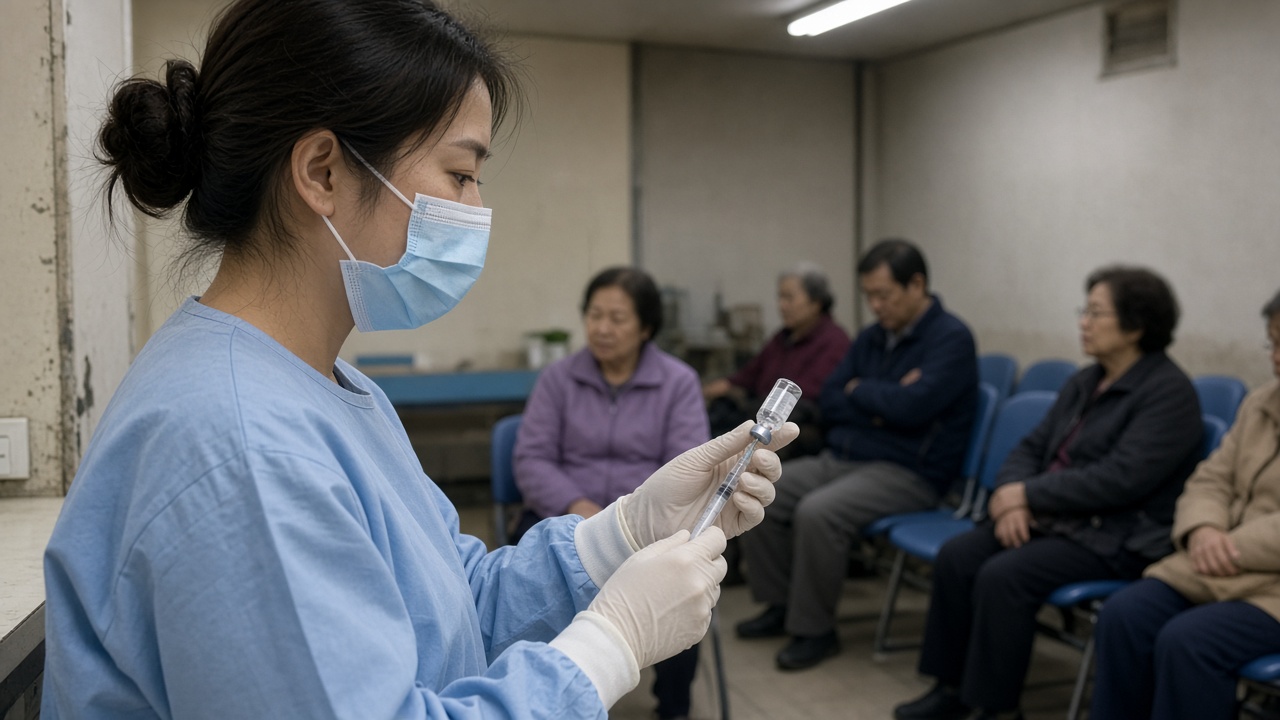 Nurse preparing a syringe from a vaccine vial at a Taiwanese community health clinic with patients seated on plastic chairs in the background, no readable posters