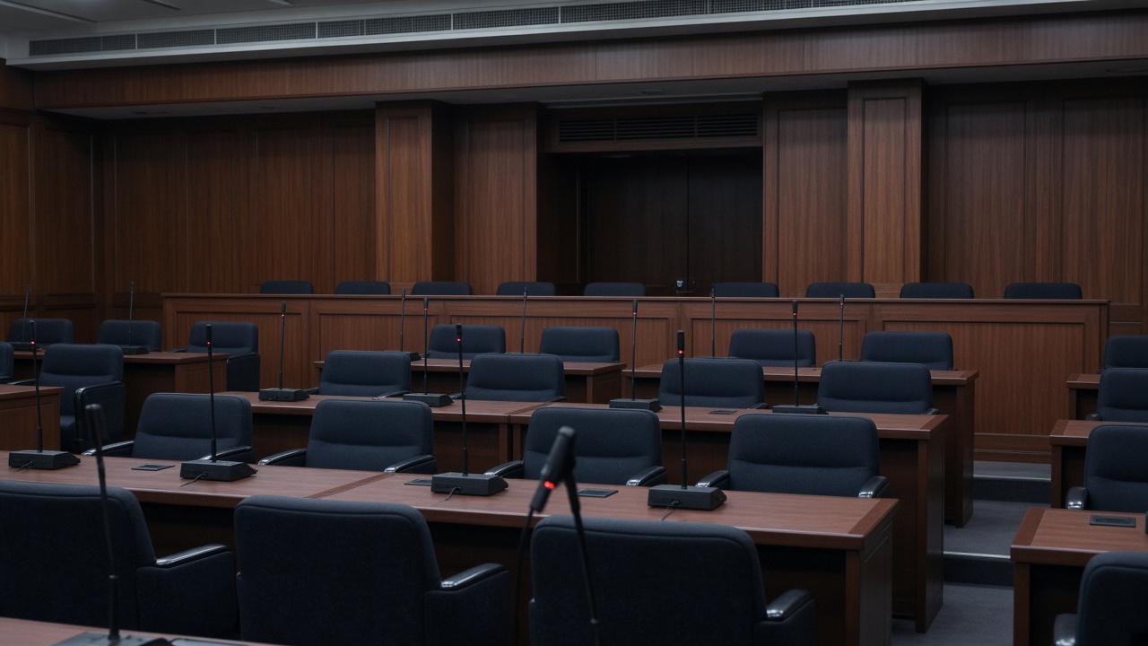 Empty seats and microphones in a Japanese parliamentary committee room, wood paneling, cool overhead lighting, no logos or readable text