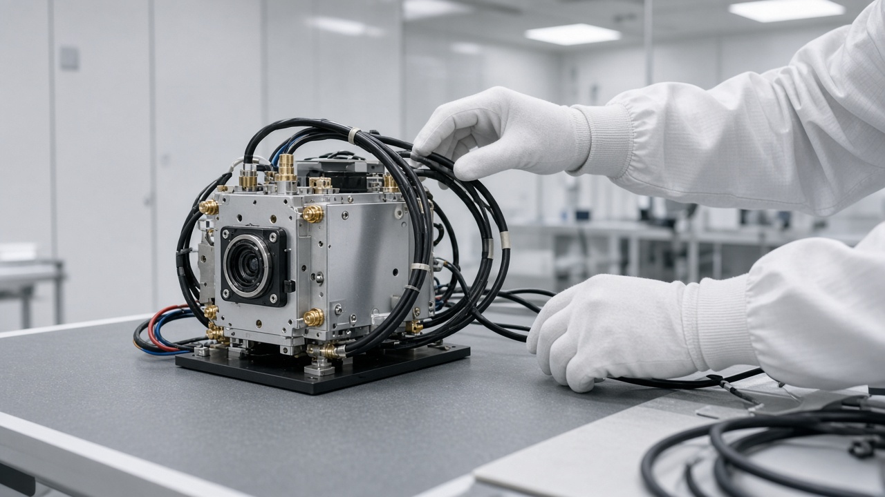 Small satellite hardware on anti-static bench with cable harnesses, clean-room white walls, cool LED panels, technician hands gloved without showing face, no logos or readable labels