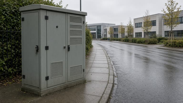 Outdoor telecom fibre cabinet on a suburban pavement near office parks, grey sky, wet asphalt, no logos or readable text