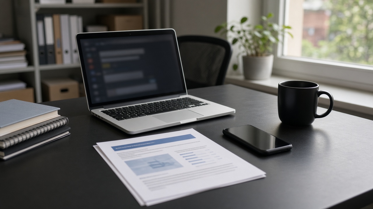 Research office desk with laptop showing a generic login form blur, printed conference flyer and smartphone nearby, window light, no readable text on screens or paper.
