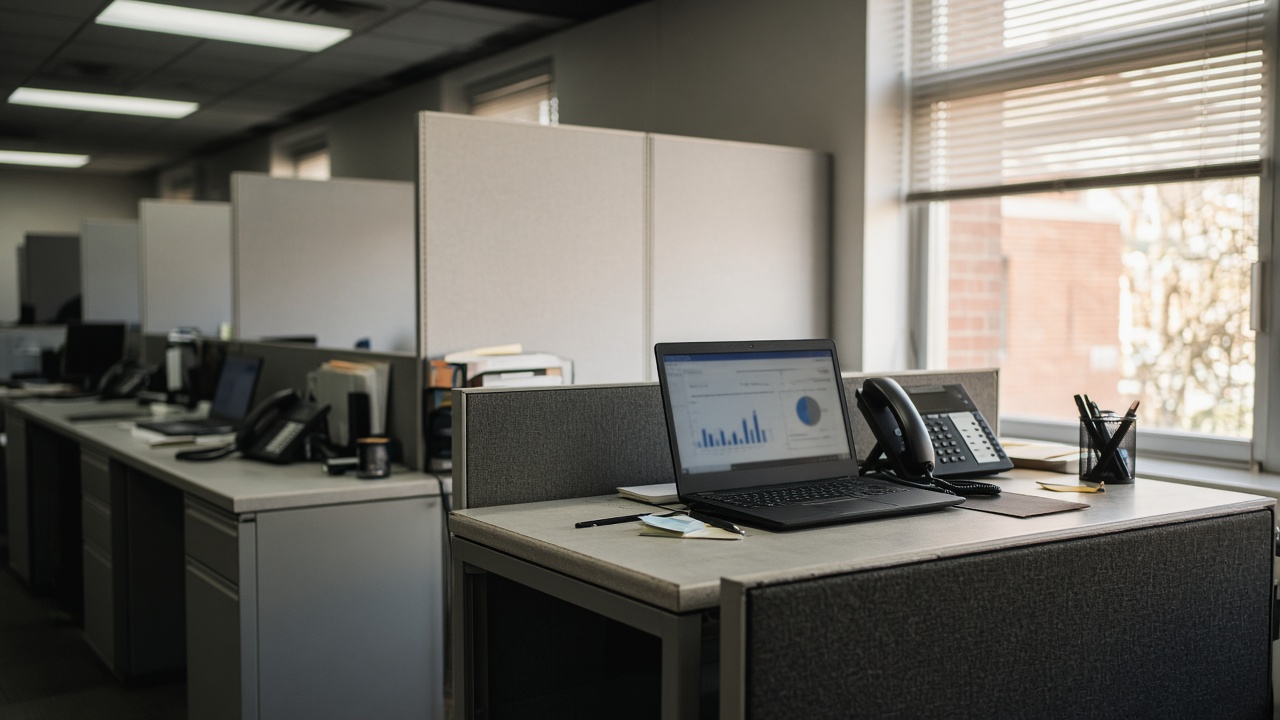 Government office cubicles with laptops open to blurred dashboards, late afternoon window light, no logos or readable text