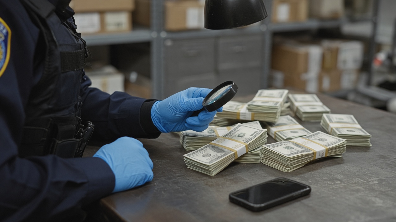 Police evidence room table with stacks of paper currency under ultraviolet lamp, officer wearing blue gloves holding a magnifying glass, smartphone face-down nearby, no readable serial numbers or faces