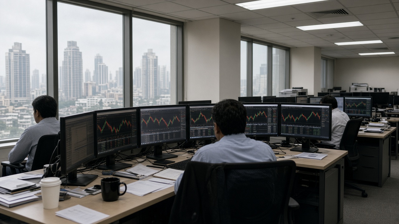 Corporate treasury office with traders at monitors showing currency charts, Mumbai high-rise windows in haze, fluorescent ceiling panels, coffee cups on laminate desks, no logos or readable text