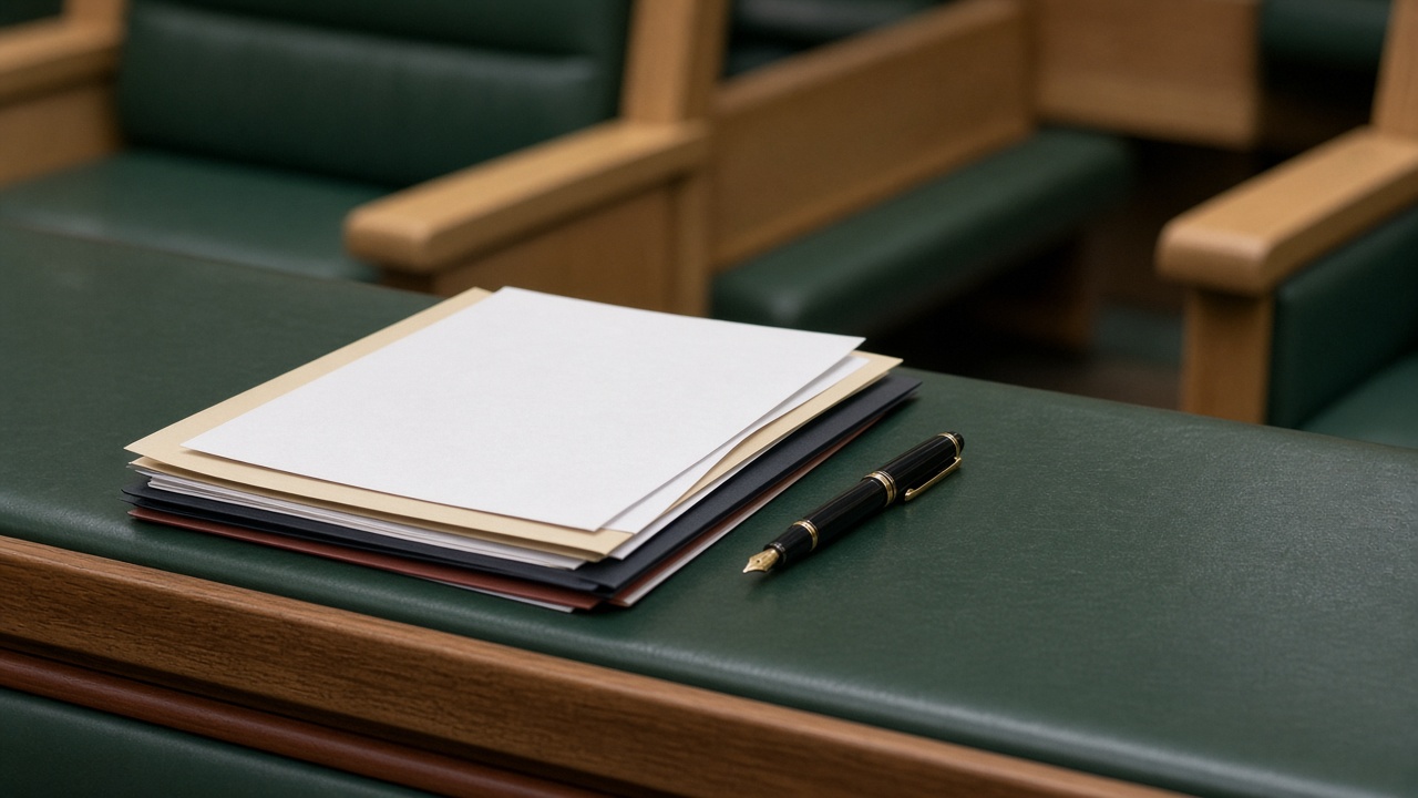 Document folders and a fountain pen on a green bench desk in a parliamentary chamber, soft overhead light, no readable text on papers