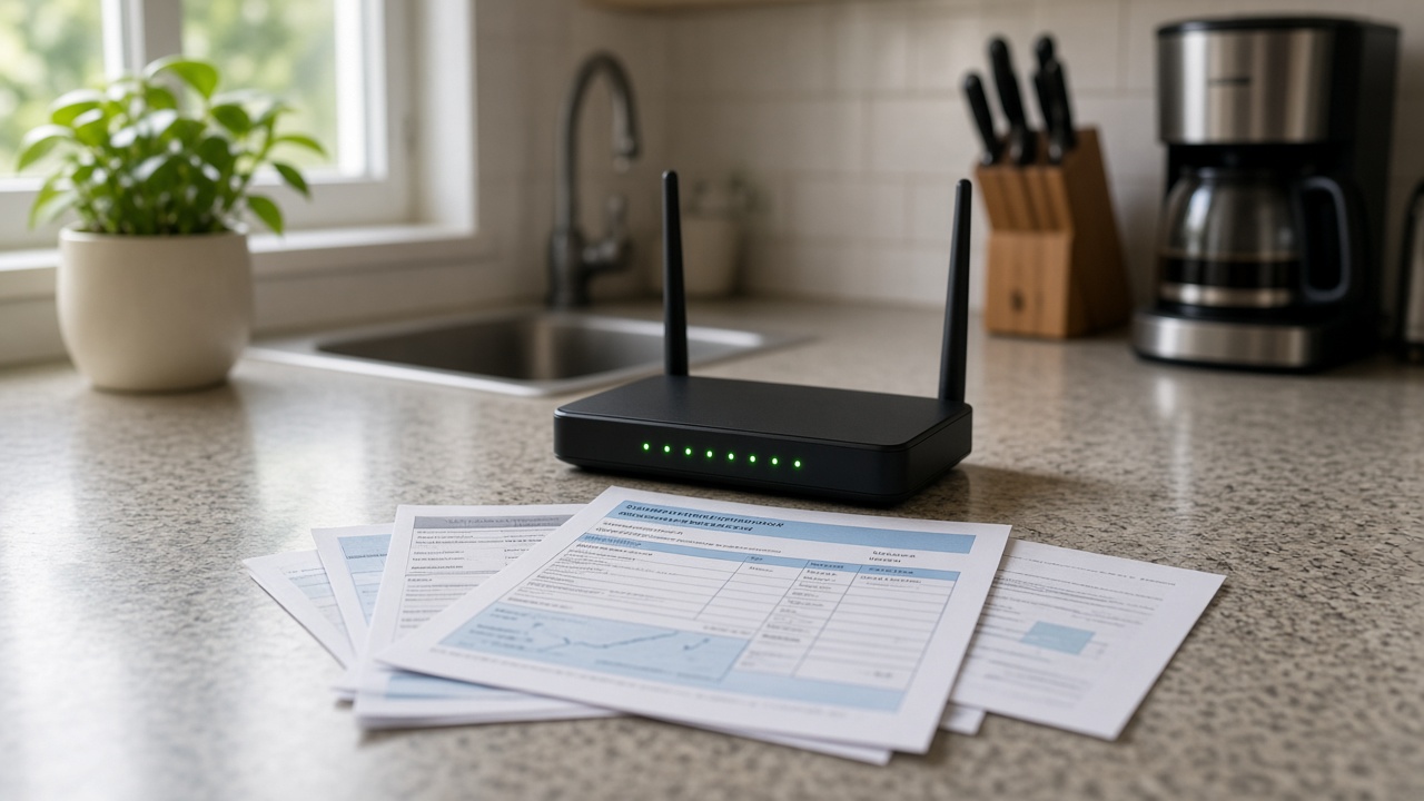 Suburban kitchen with a Wi-Fi router and utility bills spread on the counter, soft morning light, no readable personal data