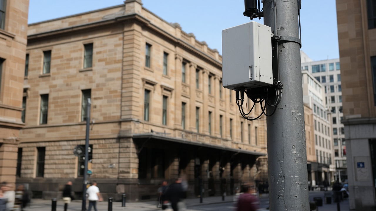5G small cell antenna mounted on a city street pole in Perth CBD, sandstone office buildings in background, harsh midday sun, pedestrians blurred below, no logos or readable text
