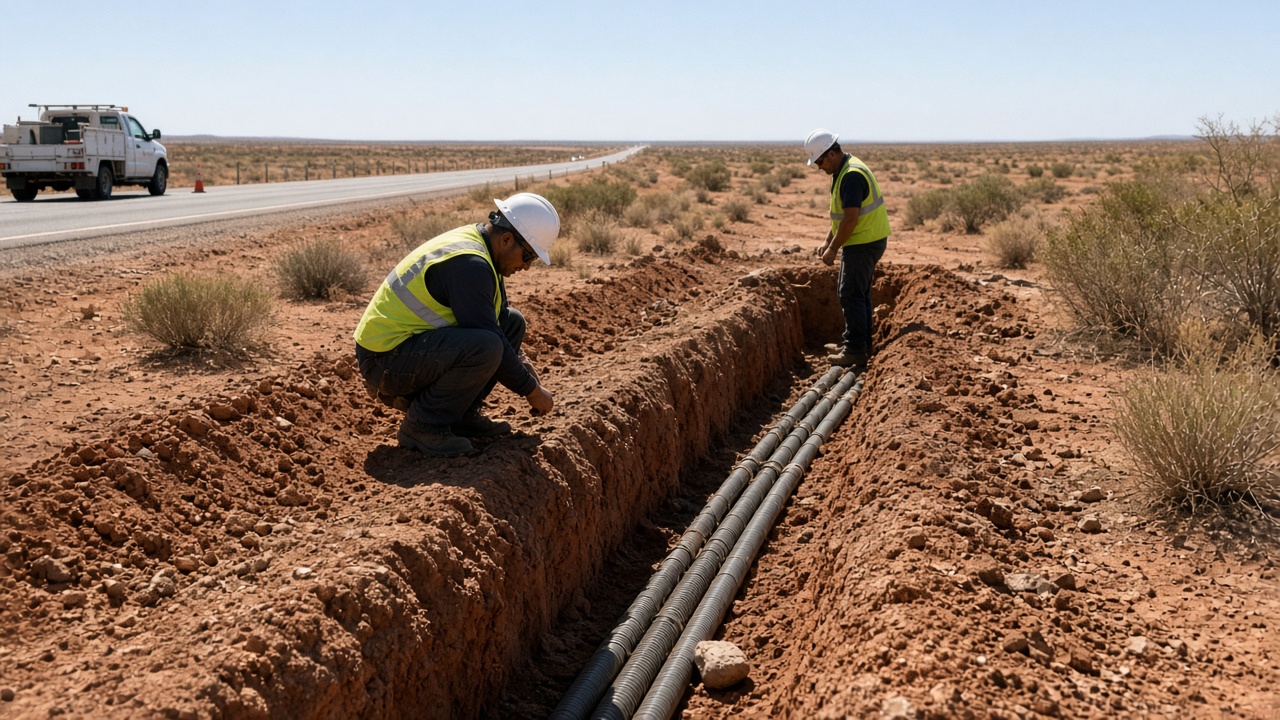 Technicians in high-visibility vests working beside a buried fibre conduit trench in red desert scrub near a highway, harsh midday sun, no logos or readable text