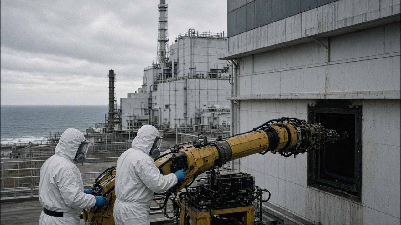 Technicians in protective suits guide a long robotic arm inserted into a reactor building access port at Fukushima Daiichi, overcast coastal plant visible