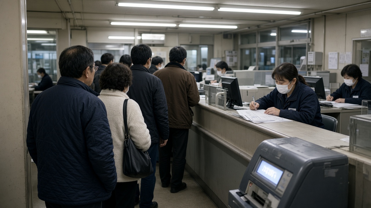 A line of motorists waits at a Japanese driver's license center counter under fluorescent lights, staff in masks reviewing paper forms, digital queue ticket machine glowing in the foreground.