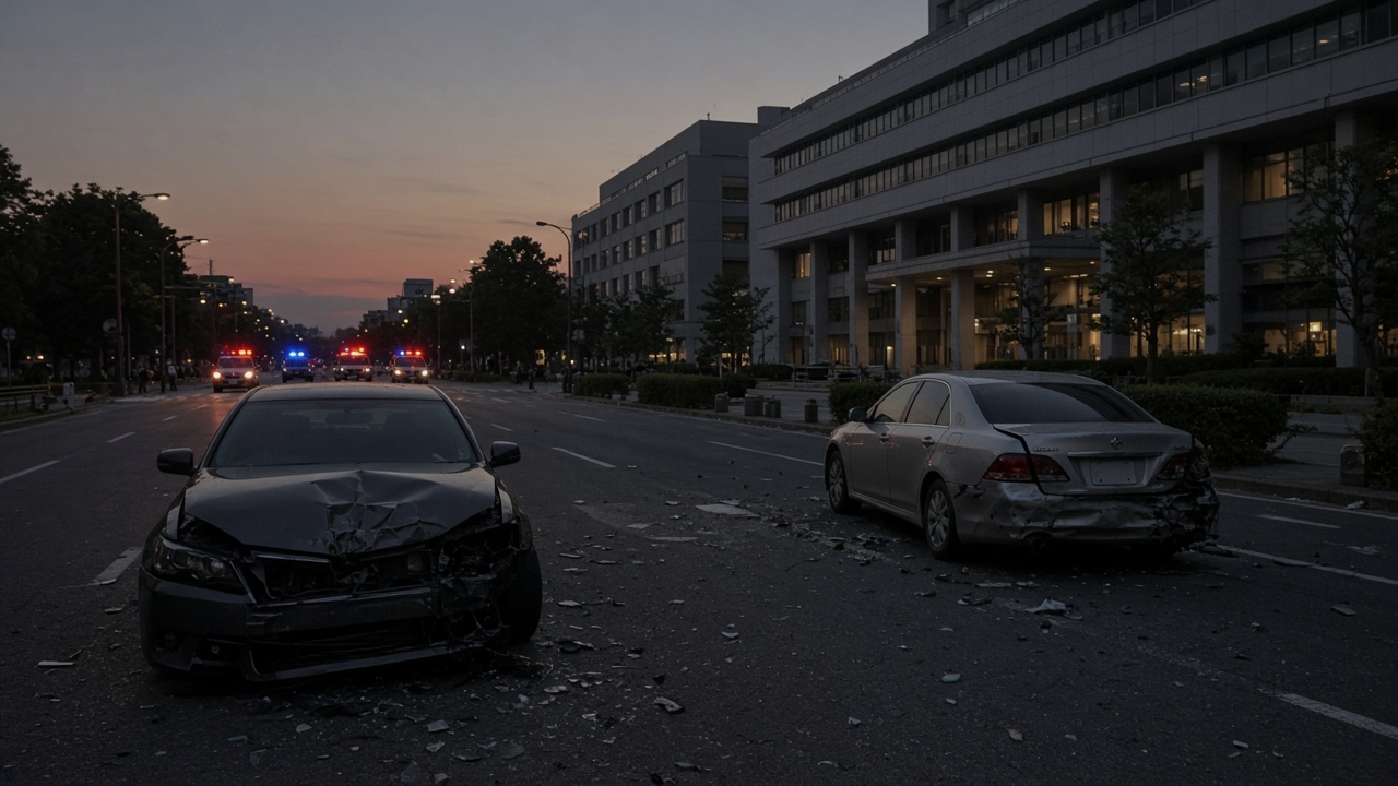 Damaged sedans and scattered debris on Sakurada-dori outside Japan's Foreign Ministry building in Tokyo's Kasumigaseki district at dusk, October 8, 2026.