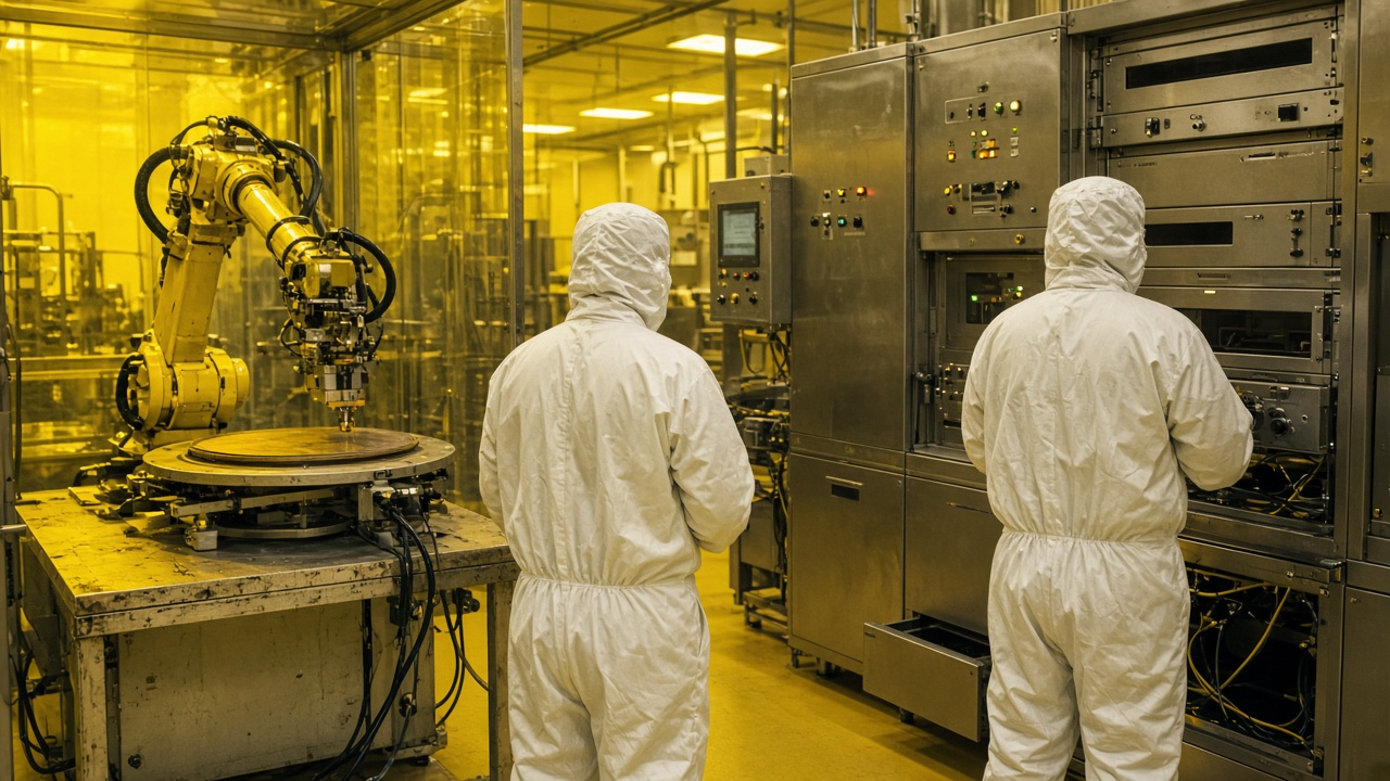 Semiconductor fabrication clean room with yellow lighting, wafer handling robot arm and stainless equipment racks, technicians in coveralls viewed from behind, slight grain, no logos or readable text