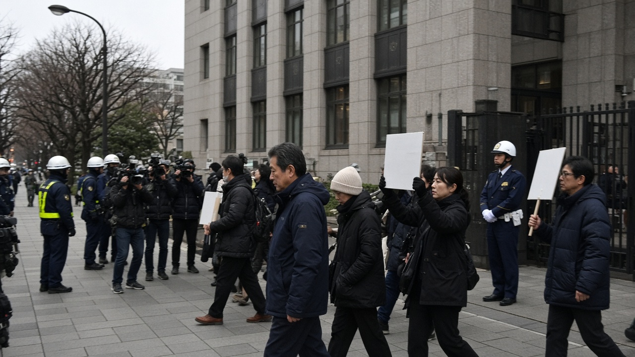 Demonstrators with handwritten signs walking past the Ministry of Defense building in Tokyo on an overcast afternoon, police officers and media on the sidewalk