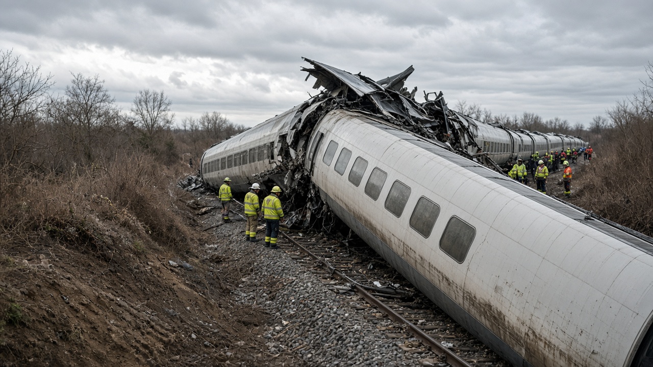 Emergency crews and twisted high-speed train carriages on an embankment beside a rural Toledo rail line under overcast skies
