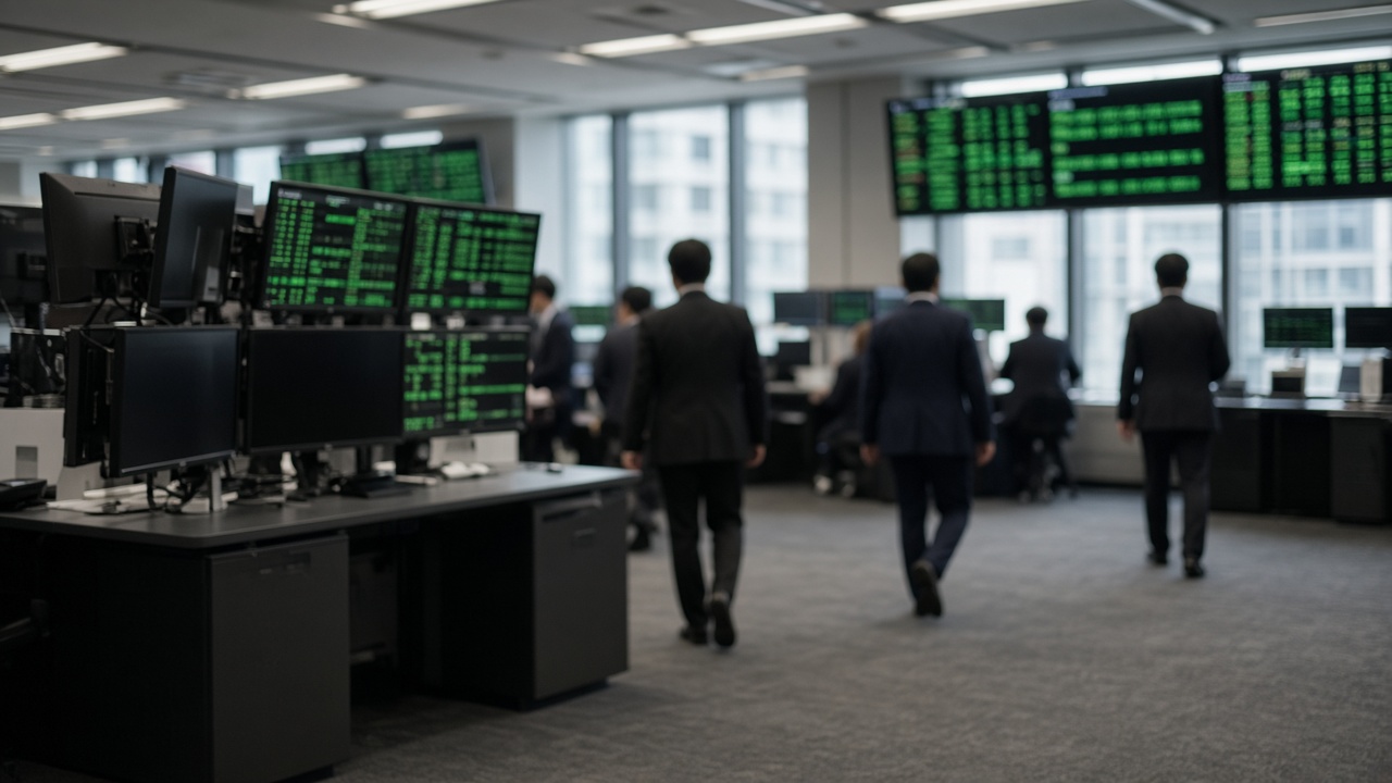 Tokyo Stock Exchange trading floor area with electronic price boards showing green numbers, businessmen in suits blurred mid-distance, overcast daylight through windows, documentary wire photo, no logos or readable text