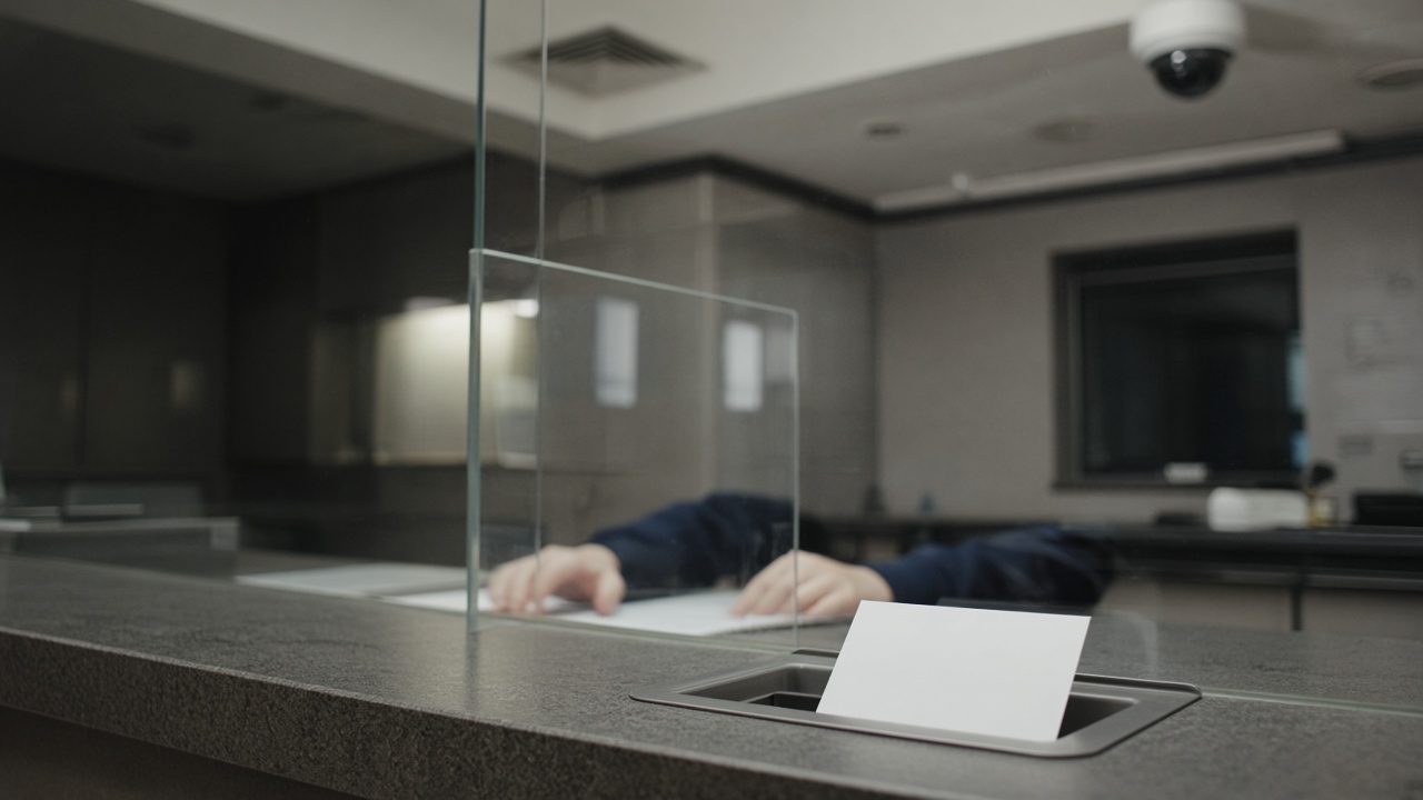 Bank service counter with acrylic divider, printed queue ticket in a tray, security camera dome on ceiling, muted interior lighting, teller hands blurred, no readable forms or logos