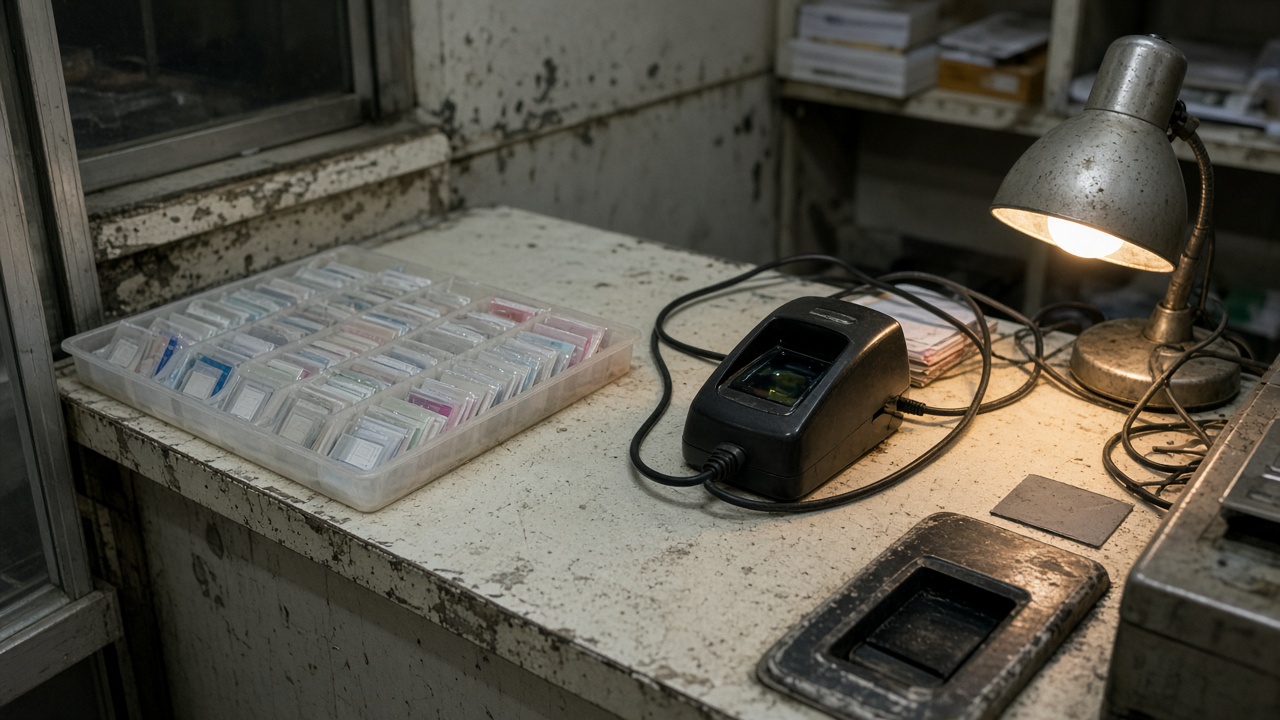 Small mobile shop counter with plastic SIM card packets and a fingerprint scanner device, tungsten desk lamp, crowded cables, no readable packaging text