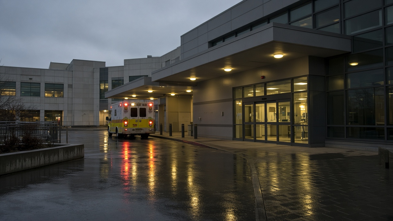 Hospital accident and emergency entrance with ambulance bay, wet pavement reflecting yellow lights, evening overcast, no logos or readable text