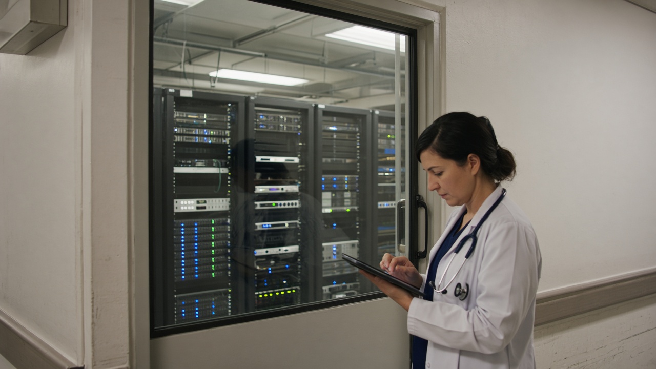 Hospital back-office server room glass door with blinking rack lights and a clinician reviewing a tablet in the hallway, no logos or readable text