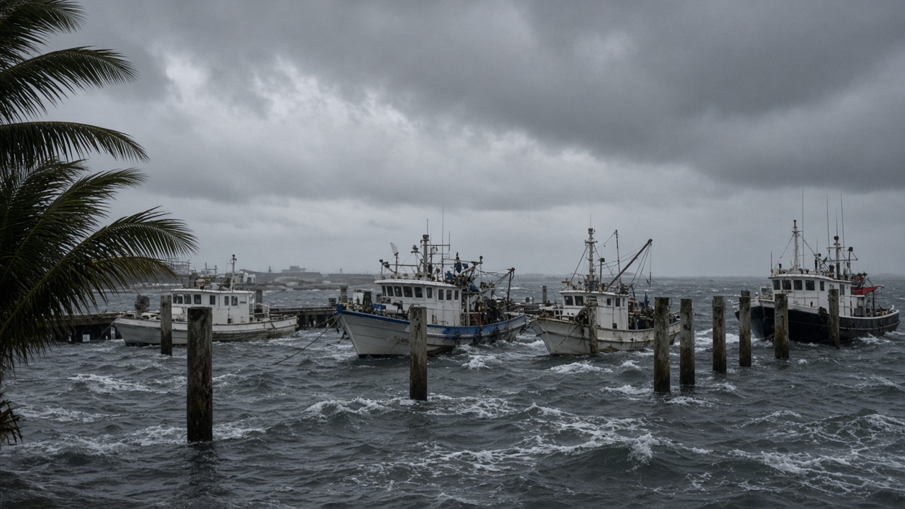 Ogasawara harbor pilings lashed by gray swells under a dark typhoon sky, with moored fishing boats pitching in the troughs and palm fronds bent horizontal.