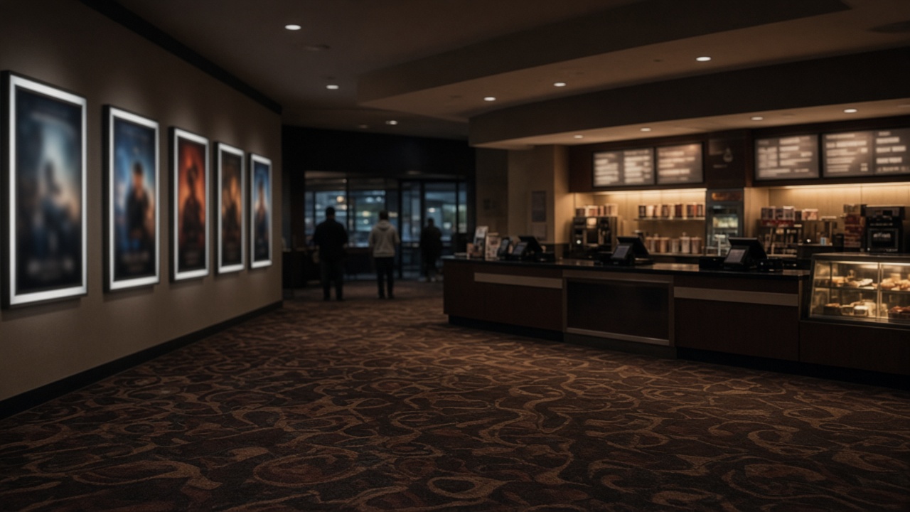 Multiplex ticket lobby with dim carpet and backlight poster frames showing blurred artwork, concession stand lights, no readable film titles or actor faces