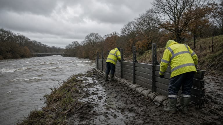 Environment Agency workers placing temporary flood barriers along a swollen English river under low gray autumn clouds
