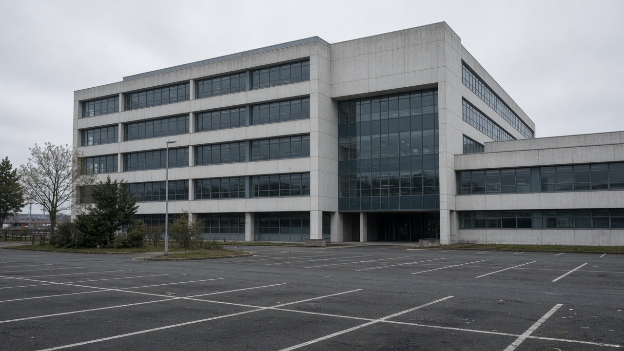 Exterior of the Office for National Statistics headquarters in Newport under grey morning light, concrete and glass facade, empty car park, no logos or readable text