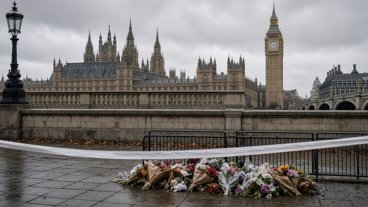 The Palace of Westminster on a grey autumn afternoon, police tape and floral tributes visible in the foreground near a pedestrian barrier