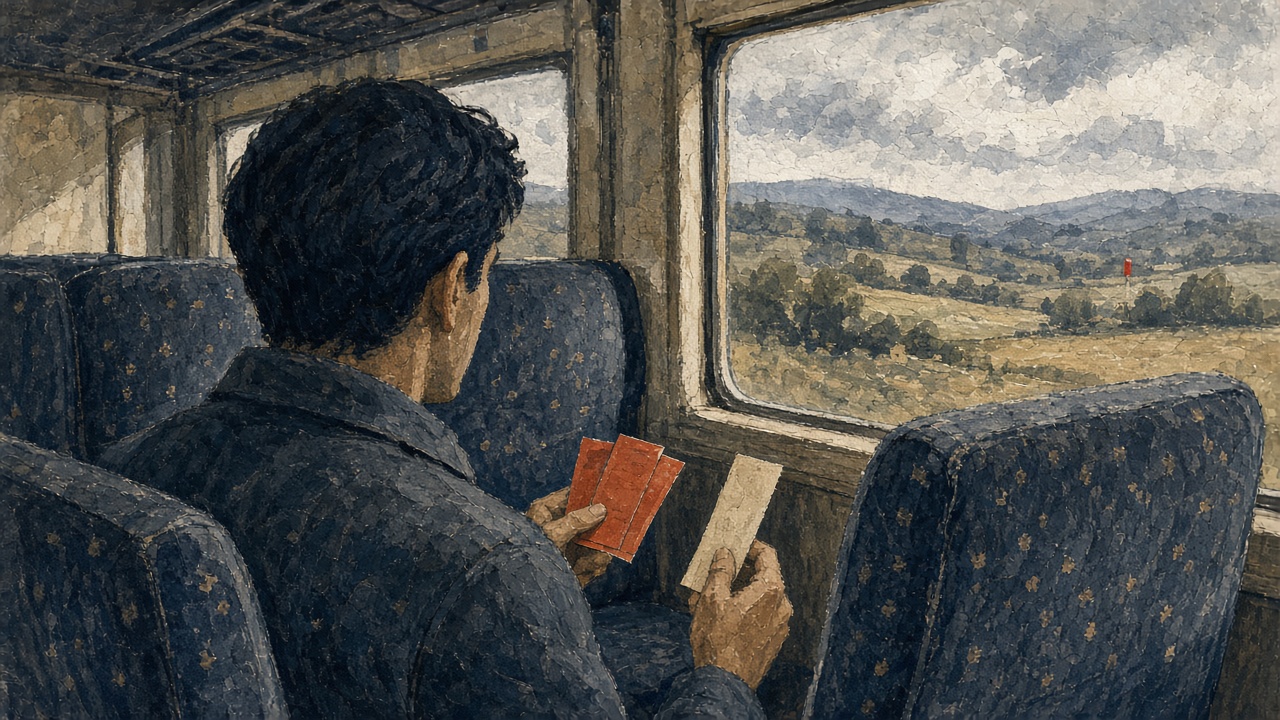 A passenger sitting by a train window holding three orange paper tickets and one longer ticket