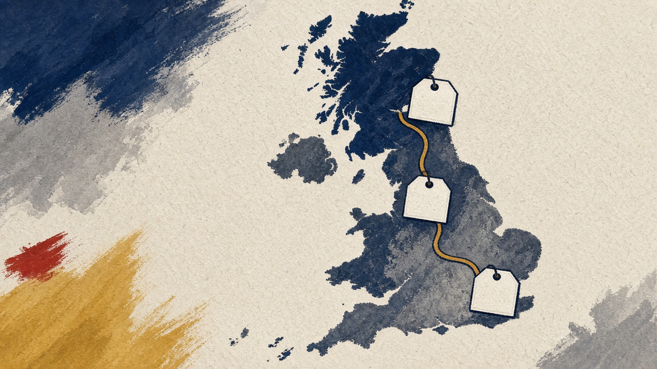 Editorial map of a cross-country rail line with separate price tags at three intermediate cities