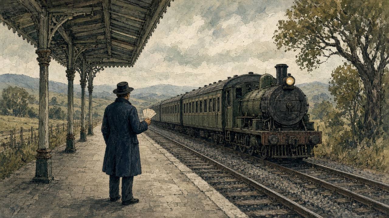 A train arriving at a Victorian station platform with a hand holding three tickets in the foreground